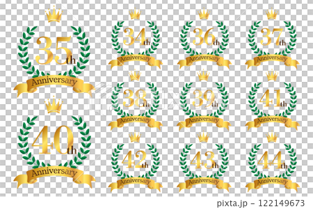 34～44周年イラスト　月桂樹の葉と王冠とリボンのマーク　アイコンセット 122149673