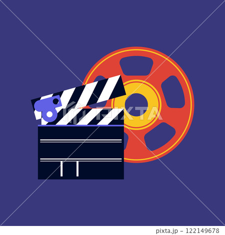 Director clapperboard and tape reel in flat design. Cinema and movie production. Vector illustration isolated. 122149678