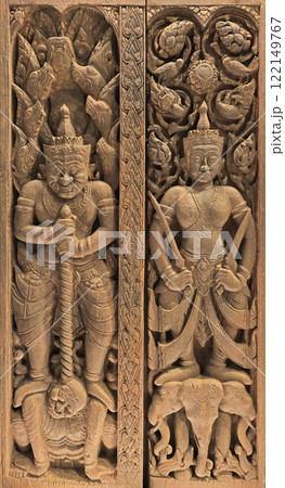 Wooden Door featuring engraved gatekeepers, Ayutthaya, 18th Century, Bangkok, Thailand 122149767