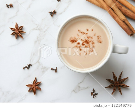 Cup of chai latte hot drink with cinnamon on light background.Top view.AI Generative. 122149779