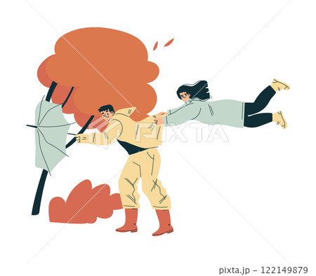 Storm with Man and Woman Character Struggle with Umbrella in Hurricane Vector Illustration 122149879