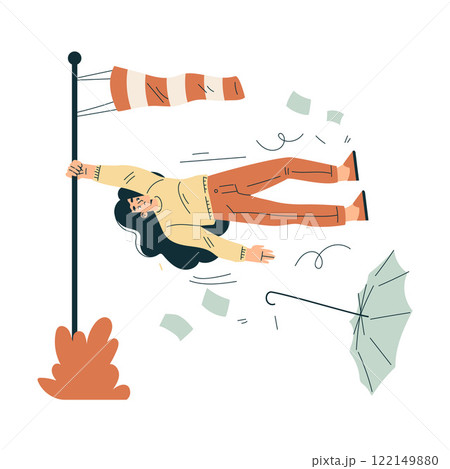 Storm with Woman Character Struggle with Umbrella in Hurricane Vector Illustration 122149880