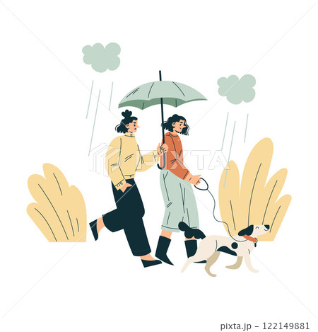 Storm with Woman Character Walk Dog with Umbrella in Hurricane Vector Illustration 122149881