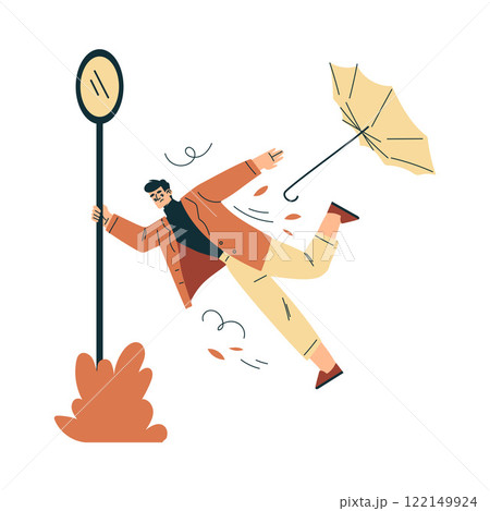 Storm with Man Character Struggle with Umbrella in Hurricane Hold Lamp Pole Vector Illustration 122149924