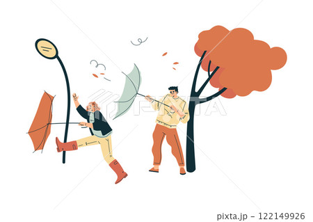 Storm with Man and Woman Character Struggle with Umbrella in Hurricane Vector Illustration 122149926