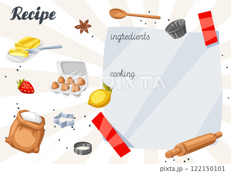 Background with bakery utensils. Cooking tools for home and recipe items. 122150101