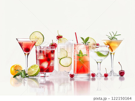 Assorted exotic an tropical red and orange alcohol cocktails.Macro.AI Generative. 122150164