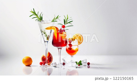 Variety of cocktails in various glasses with exoric and tropical cocktails.Macro.AI Generative. 122150165