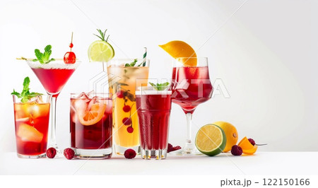 Variety of cocktails in various glasses with exoric and tropical cocktails.Macro.AI Generative. 122150166