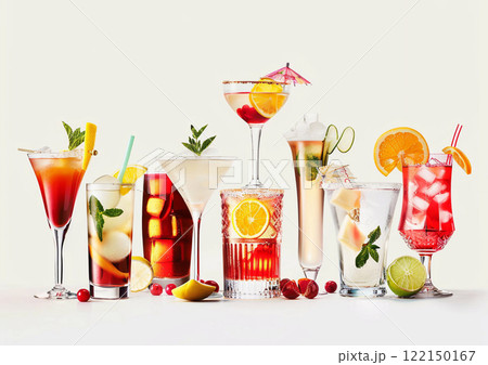 Variety of cocktails in various glasses with exoric and tropical cocktails.Macro.AI Generative. 122150167