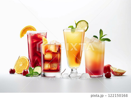Variety of cocktails in various glasses with exoric and tropical cocktails.Macro.AI Generative. 122150168