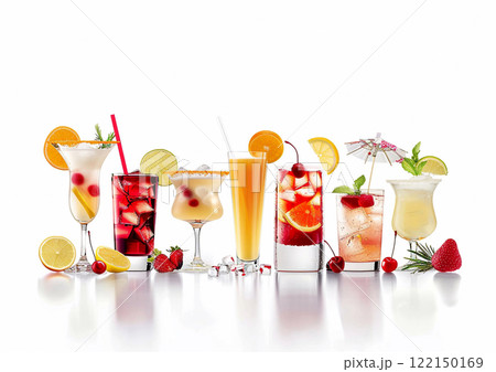 Variety of cocktails in various glasses with exoric and tropical cocktails.Macro.AI Generative. 122150169