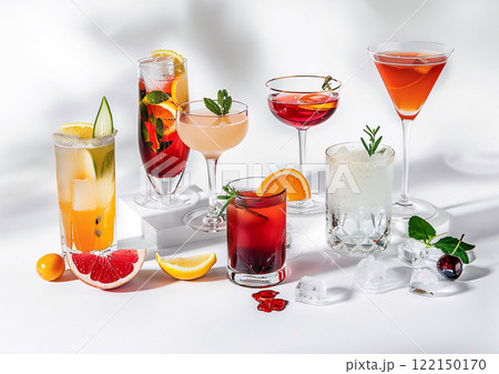 Variety of cocktails in various glasses with exoric and tropical cocktails.Macro.AI Generative. 122150170