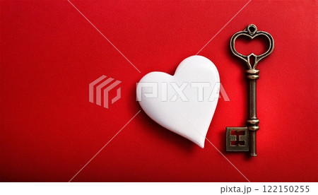 White Heart and Vintage Key on Red Background Representing Love and Commitment 122150255