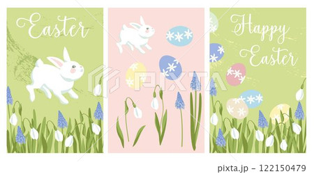 easter greeting cards, Easter bunny,  Easter eggs, blossoming grape hyacinth and snowdrop, elements for creating  easter  postcards, posters and background 122150479