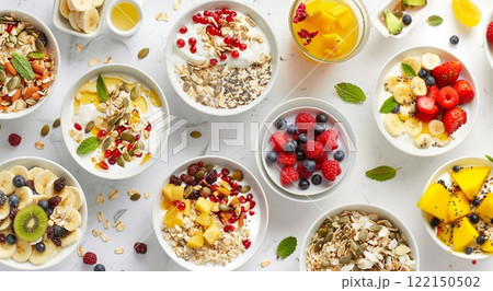 Kitchen table with bowl plate for breakfast with smoothie and granola.Macro.AI Generative. 122150502