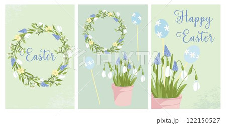 easter greeting cards,flower wreath of blossoming tree branches, grape hyacinth and snowdrop, elements for creating easter postcards, posters and background easter greeting cards,flower wreath of blossoming tree branches, grape hyacinth and snowdrop, elements for creating easter postcards, posters and background 122150527