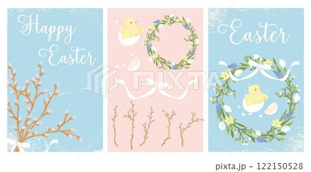 Easter greeting cards, flower wreath of blossoming tree branches, grape hyacinth, snowdrop. Willow branches, chick hatching from egg, elements for creating easter  postcards, posters, backgrounds 122150528