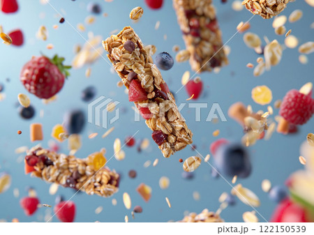 Commercial shot of flying healthy cereal granola bar with berries and fruits.Macro.AI Generative. 122150539