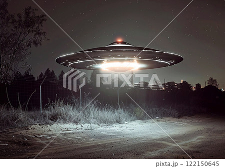 UFO round space ship with lights spotted on dark night skies.Wide view.AI Generative. UFO round space ship with lights spotted on dark night skies.Wide view.AI Generative. 122150645