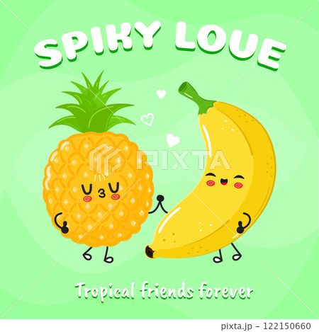Pineapple and banana in cute cartoon style on green background 122150660