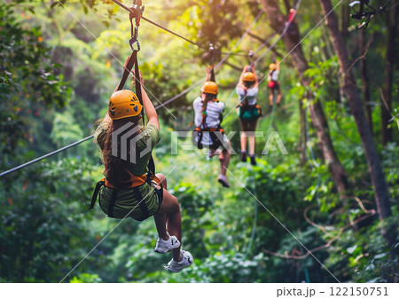 Teen girl in cable park in green forest on his summer holiday with lot of acdtivity.AI Generative. 122150751