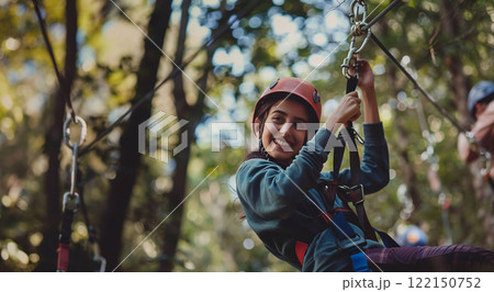 Happy teen girl in cable park in green forest on his summer holiday.Macro.AI Generative. 122150752