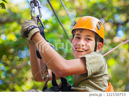 Happy teen boy in cable park in green forest on his summer holiday.AI Generative. 122150753