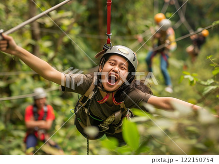 Happy teen girl enjoying her stay in summer camp in cable park in green forest.Macro.AI Generative. 122150754