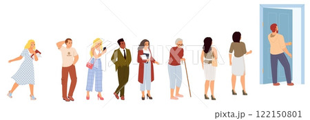 Diverse people of different age crowd standing in queue front of door 122150801