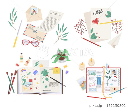Composition of notes, diary, letters cute design set 122150802