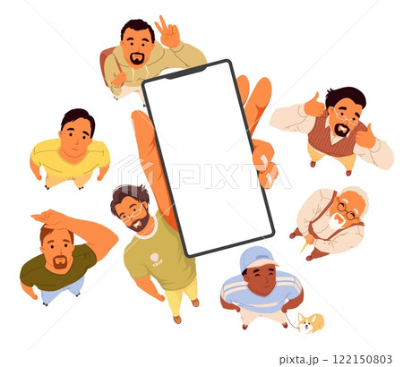 Diverse men cartoon characters looking up top down view 122150803