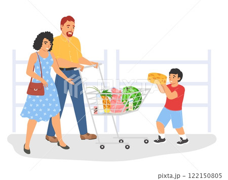 Happy family doing shopping in grocery store vector illustration 122150805