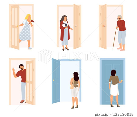 Adult people characters near home or office doors vector illustration 122150819
