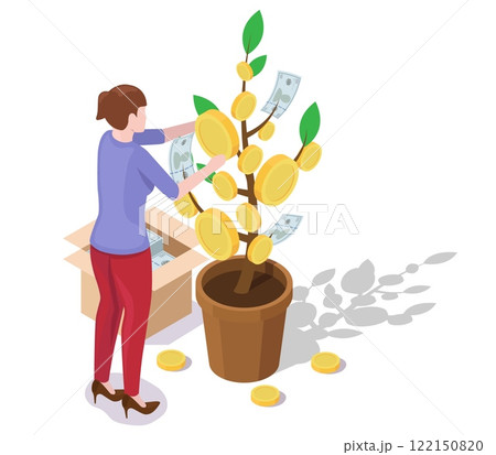 Businesswoman cultivating money tree hanging dollar coins and banknote 122150820