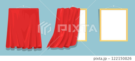 Blank picture canvas covered with red satin silk curtains 122150826