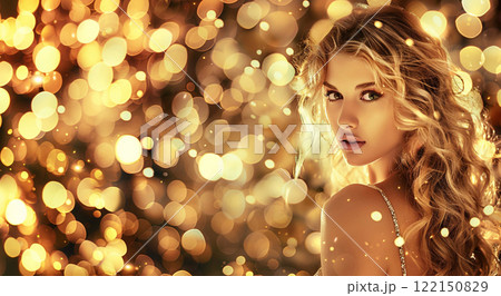 Beauty portrait of young woman with curly blonde healthy hair on golden bokeh.AI Generative. 122150829
