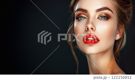Beautiful glamour woman with makeup and red lips on black background.Space for text.AI Generative. 122150852