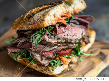Fresh tasty roast beef sandwich with salad and tomatoes on wooden cafe table.Macro.AI Generative. 122151119