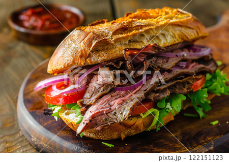 Fresh tasty roast beef sandwich with salad and tomatoes on wooden cafe table.Macro.AI Generative. 122151123