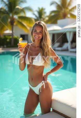 Young Woman in Swimwear Enjoying a Colorful Cocktail by the Pool: A Perfect Summer Lifestyle Scene of Relaxation and Fun 122151250