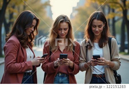 Diverse Female Friends Enjoying Urban Lifestyle: Multicultural Women Using Smartphones on Vibrant City Street 122151283