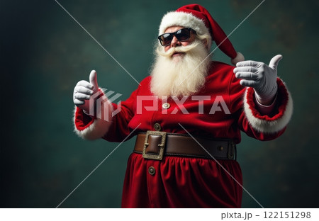 Cool Santa Claus in Black Sunglasses Strikes Awesome Pose at Epic Christmas Party. Cinematic Lighting Illuminates Jolly Saint Nick Making Hip Hand Gestures for Festive Holiday Celebration 122151298