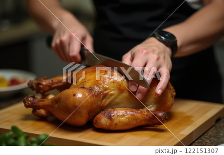 Thanksgiving Feast Preparation: Chef Carves Golden Roasted Turkey on Rustic Wooden Board. Family Holiday Dinner Scene with Skilled Hands, Sharp Knife, and Fresh Ingredients in Cozy Kitchen 122151307