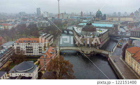 Drone point of view   on  downtown of Berlin with  Spree river and fernsehturm 122151400