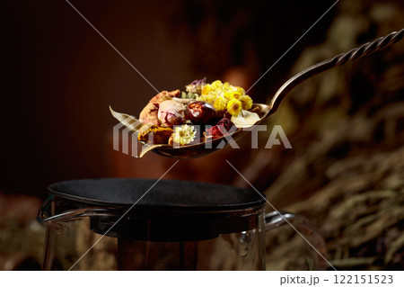 Various dried herbs and spices in old spoon. Various dried herbs and spices in old spoon. 122151523