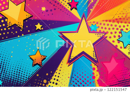 Star pop art beam and motion. Cartoon creative explosion. Vintage halftone popart effect. Abstract magic bubble illustration. Colorful comic book template. Flash burst wallpaper 122151547
