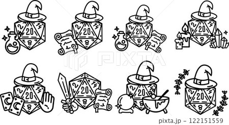 DND Dice Rpg board game character. Fantasy icosahedron wargame. 20-sided tabletop icon, cartoon style on white background 122151559