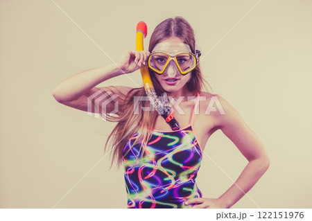 Woman with snorkeling mask having fun Woman with snorkeling mask having fun 122151976
