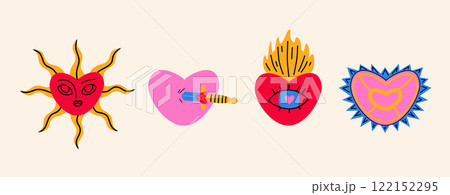 Various vintage mystical hearts. A dagger-pierced heart, a sun heart, with a jewel, burning. Various vintage mystical hearts. A dagger-pierced heart, a sun heart, with a jewel, burning. 122152295